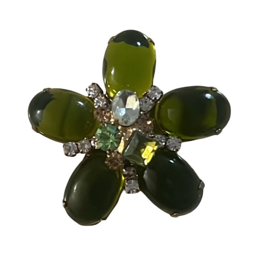 Vintage Green Lucite Cabochon Swarvoski Crystal Rhinestone Flower Brooch